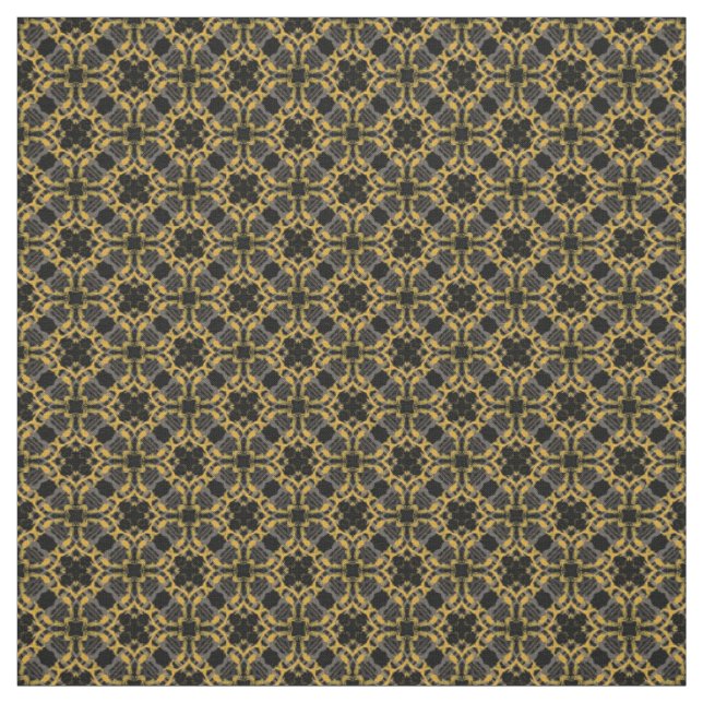 Gold Filigree Flowers & Black Grey Check Pattern Fabric (Swatch)