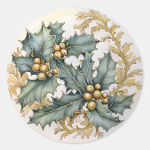 Gold Filigree & Holly Classic Round Sticker