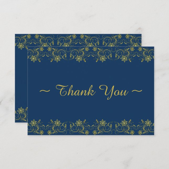 Gold Filigree Minimalist on Atlantic Blue Thank You Card (Front/Back)