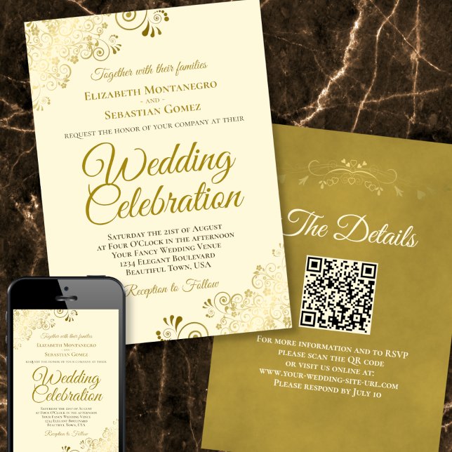 Gold Filigree on Cream Elegant QR Code Wedding Invitation (Creator Uploaded)