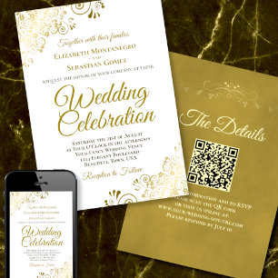 Gold Filigree on White Elegant QR Code Wedding Invitation