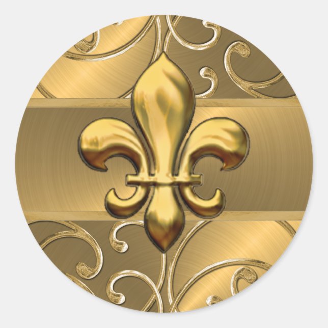 Gold Filigree Swirls Fleur de Lis Classic Round Sticker (Front)