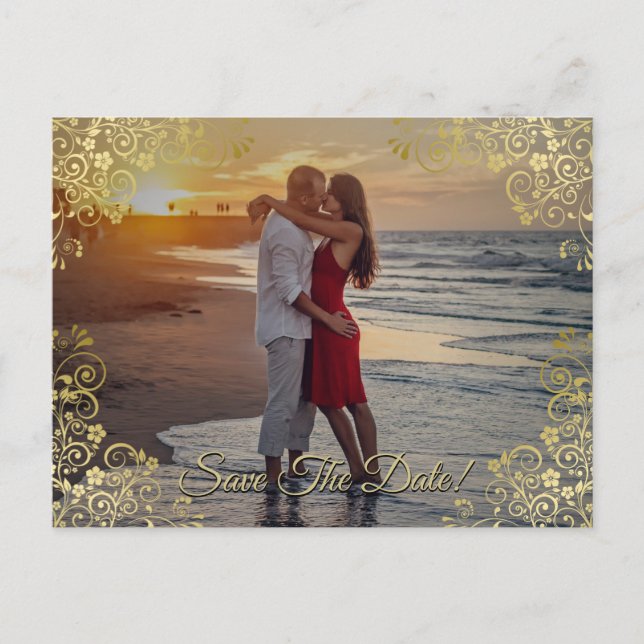 Gold Filigree Wedding Save the Date Photo Card (Front)