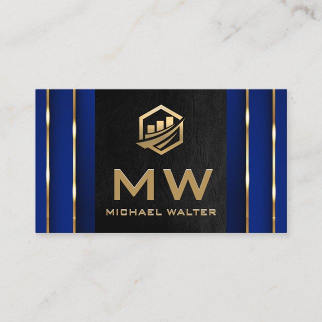 Gold Fin Tech Icon | Black Leather Gold Blue Business Card (Front)