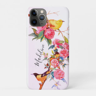 Gold Finches and Camellia Floral Watercolor iPhone 11 Pro Case