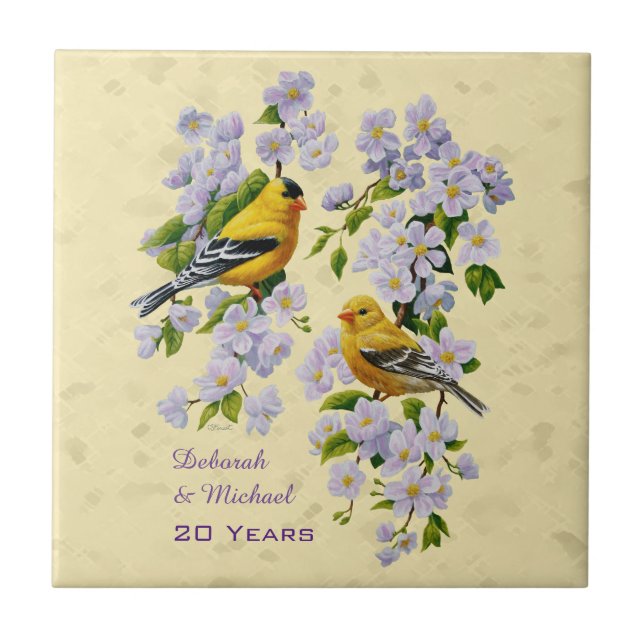 Gold Finches & Apple Blossoms Yellow Ceramic Tile (Front)
