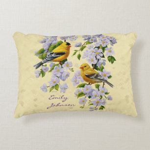 Gold Finches & Apple Blossoms Yellow Decorative Cushion
