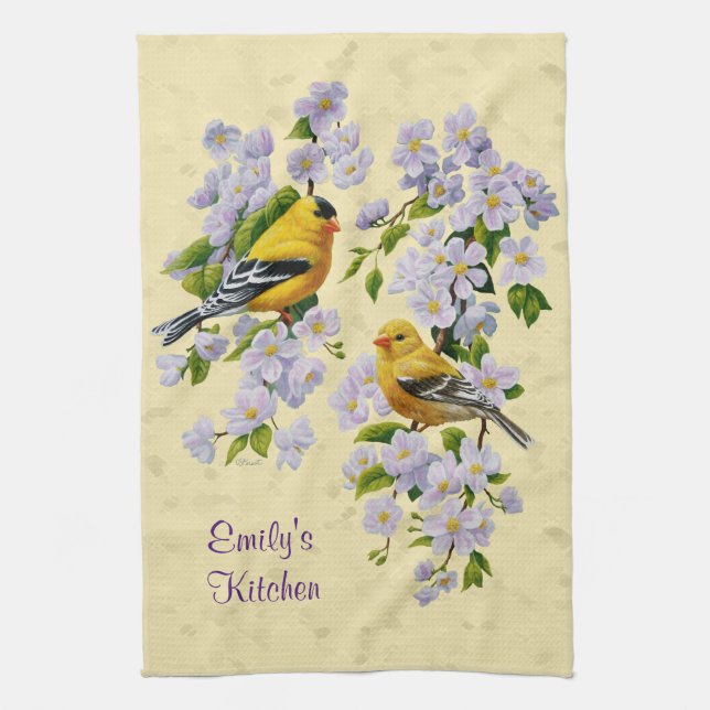 Gold Finches & Apple Blossoms Yellow Tea Towel (Vertical)