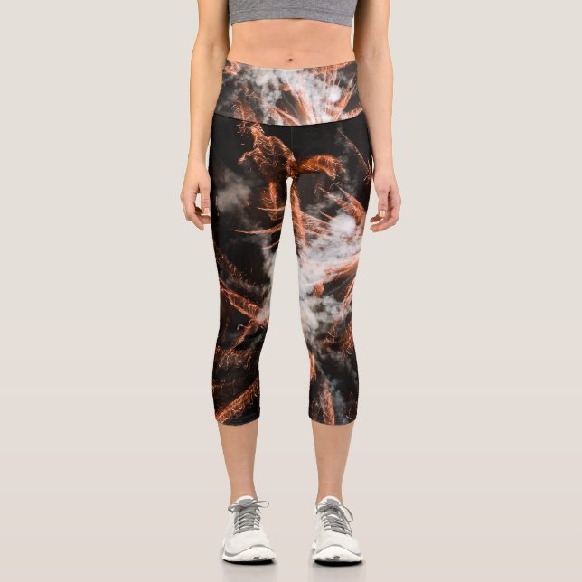 Gold fireworks abstract gold black smoke capri leggings (Front)
