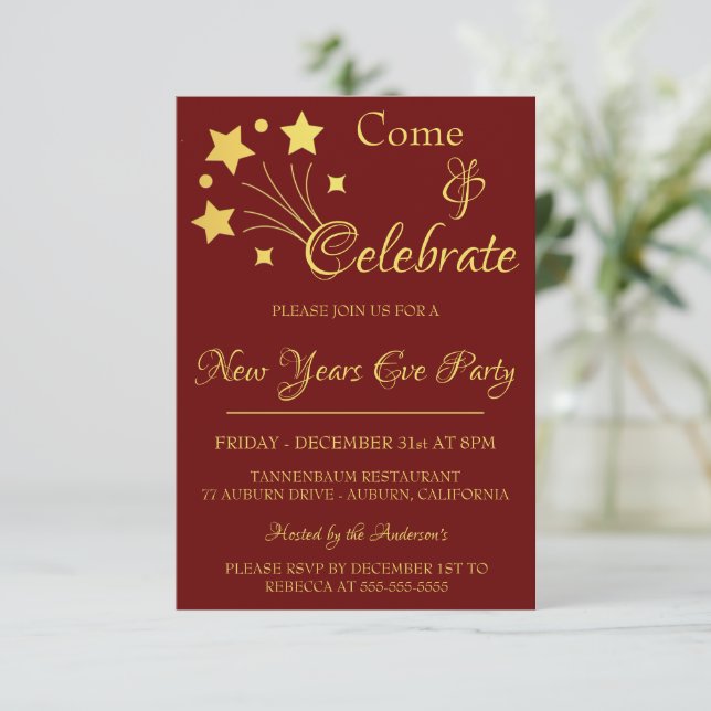Gold Fireworks New Years Party Invitation (Standing Front)