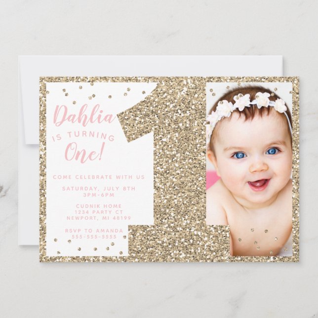 Gold First Birthday Invitation, Faux Glitter Invitation (Front)