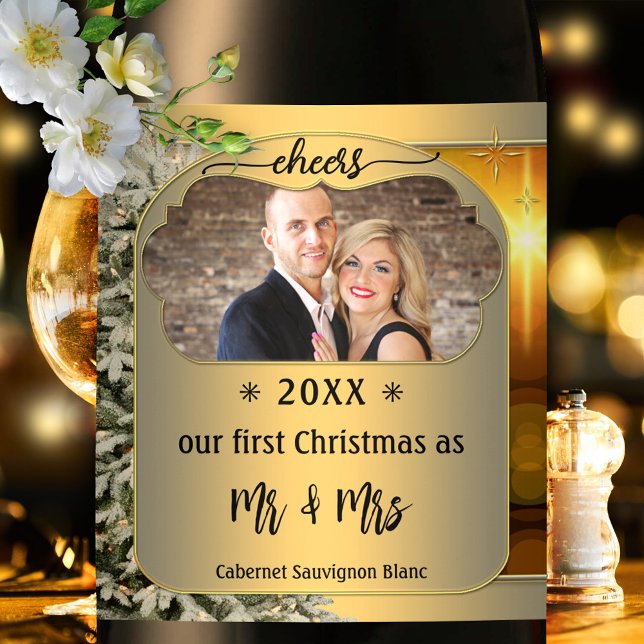 Gold First Christmas Together Photo Wine Label (Creator Uploaded)