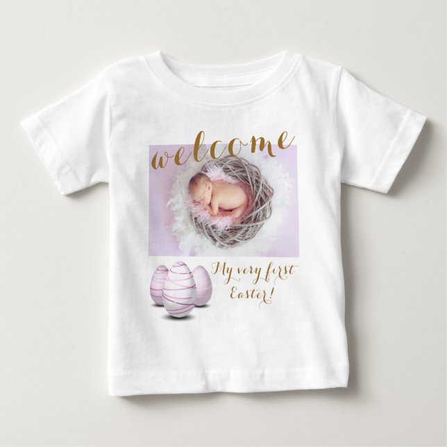 Gold First Easter Eggs Welcome Photo Baby Announce Baby T-Shirt (Front)