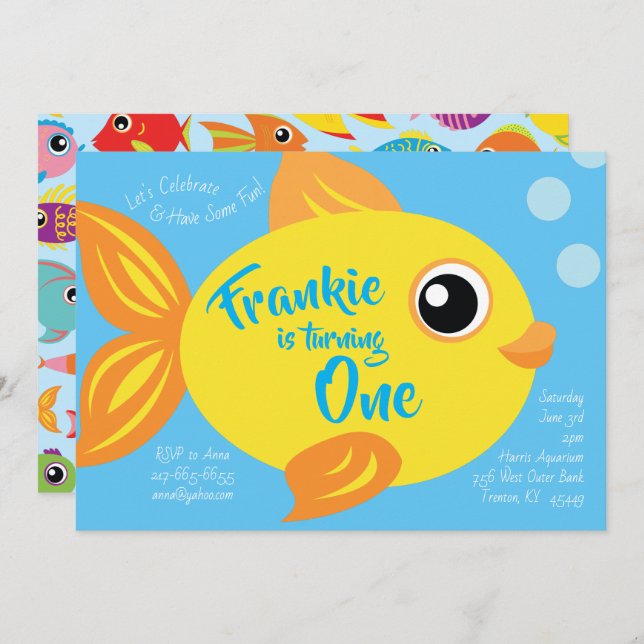Gold Fish Aquarium 1st Birthday Cute Invitations (Front/Back)
