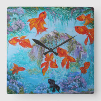 Gold fish art colourful feng shui  poster square wall clock