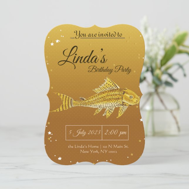 gold Fish Party Birthday Invitation (Standing Front)