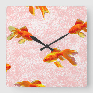 Gold fish pattern pink square wall clock