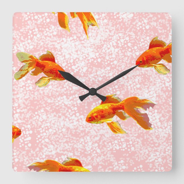 Gold fish pattern pink square wall clock (Front)