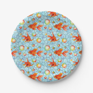 gold fishes and soap bubbles paper plate