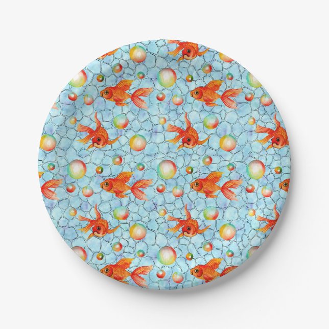 gold fishes and soap bubbles paper plate (Front)