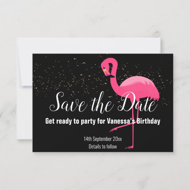 GOLD FLAMINGO PINK SAVE THE DATE BLACK RSVP CARD (Front)
