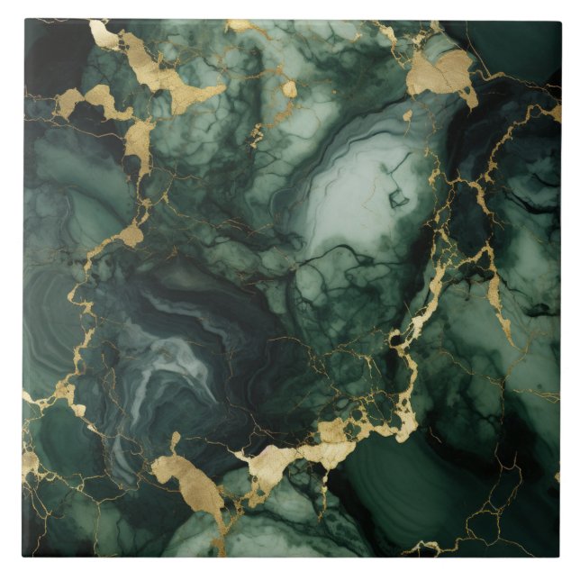 Gold Flecked Emerald and Black Marble Effect Ceramic Tile (Front)