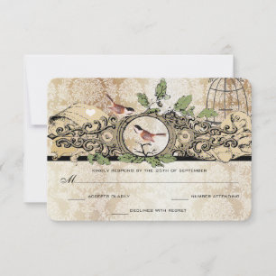 Gold Flecks Birdcage Damask Vintage Love Bird RSVP Card