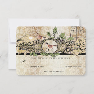 Gold Flecks Birdcage Damask Vintage Love Bird RSVP Card