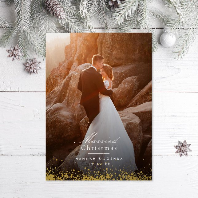 Gold Flecks Married Christmas Photo Foil Holiday Card (Creator Uploaded)