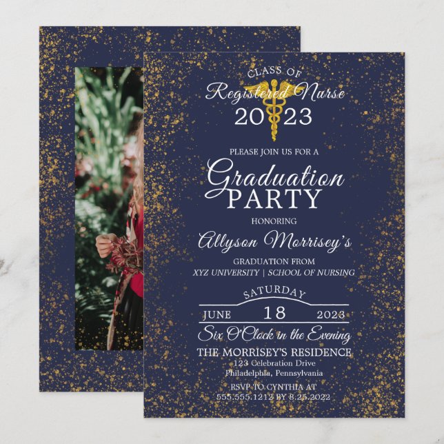 Gold Flecks Photo Nursing School | Med Graduation Invitation (Front/Back)