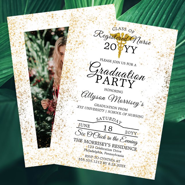 Gold Flecks Photo Nursing School | Med Graduation Invitation (Faux Gold Flecks Photo Nursing School | Medical Graduation Party Invitation - Print | Digital)