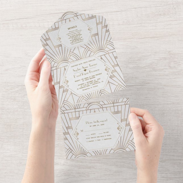 Gold Fleur-de-lis Art Deco Great Gatsby Wedding    All In One Invitation (Tearaway)