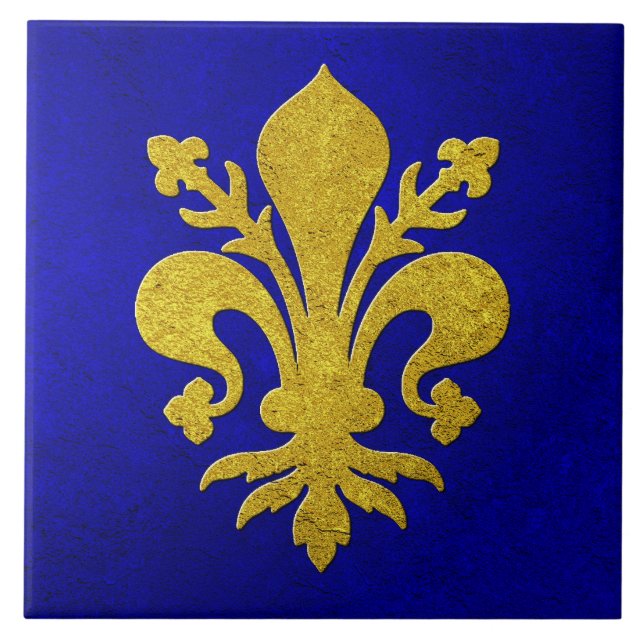Gold Fleur-de-lis Blue Background Ceramic Tile (Front)