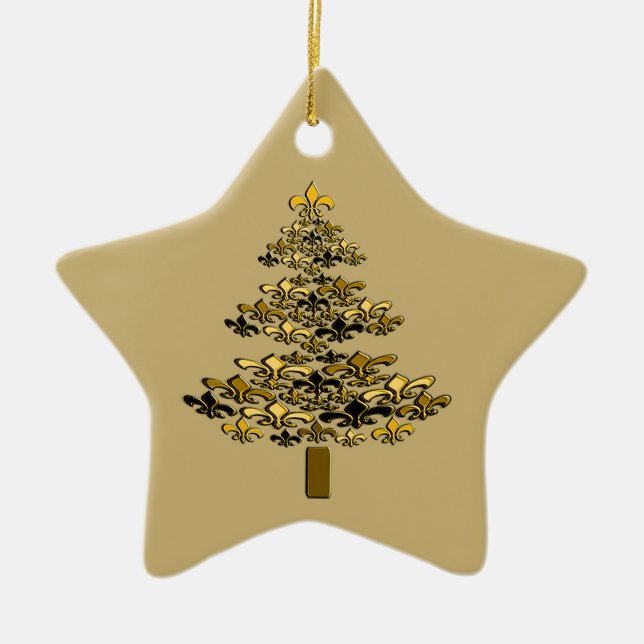 Gold Fleur de Lis Christmas Tree Star Ceramic Ornament (Front)