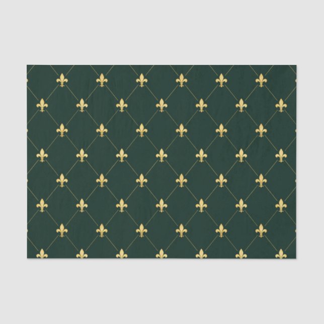 Gold Fleur-de-Lis Dark Green Tissue Paper (Front)