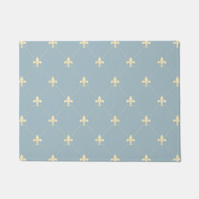 Gold Fleur-de-Lis Dusky Blue 18x24 Doormat (Front)