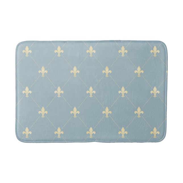 Gold Fleur-de-Lis Dusky Blue Bath Mat (Front)