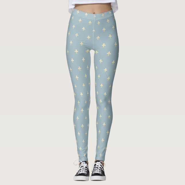 Gold Fleur-de-Lis Dusky Blue Leggings (Front)