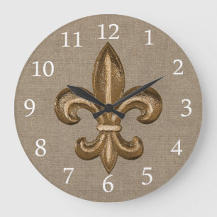 Gold Fleur de Lis Faux Burlap Large Clock