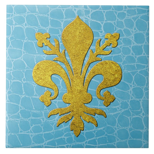 Gold Fleur-de-lis Faux Leather Background Ceramic Tile (Front)