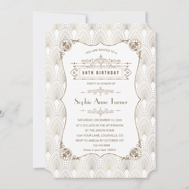 Gold Fleur-de-lis Great Gatsby 20s 50th  Birthday Invitation (Front)