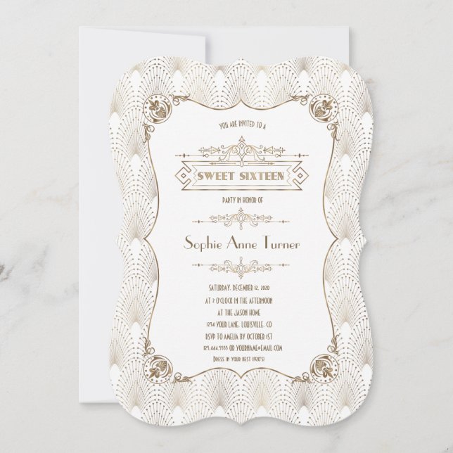 Gold Fleur-de-lis Great Gatsby 20s Style Sweet 16 Invitation (Front)