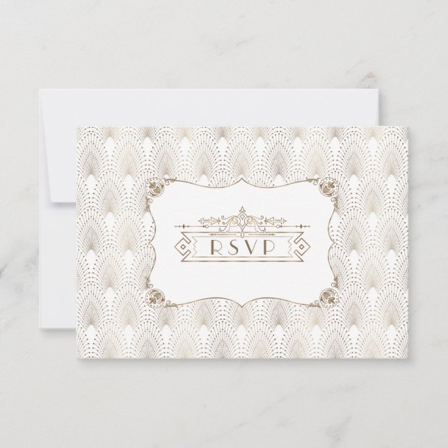 Gold Fleur-de-lis Great Gatsby 20s Style Wedding RSVP Card (Front)