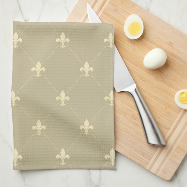 Gold Fleur-de-Lis Latte Brown Tea Towel (Quarter Fold)
