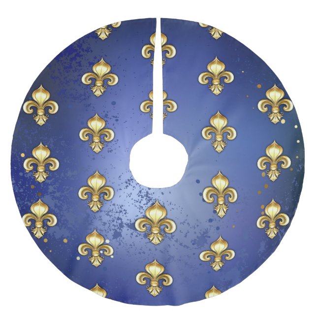 Gold Fleur de Lis on Blue Brushed Polyester Tree Skirt (Front)