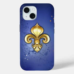Gold Fleur de Lis on Blue iPhone 15 Case