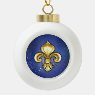 Gold Fleur de Lis on Blue Ceramic Ball Christmas Ornament