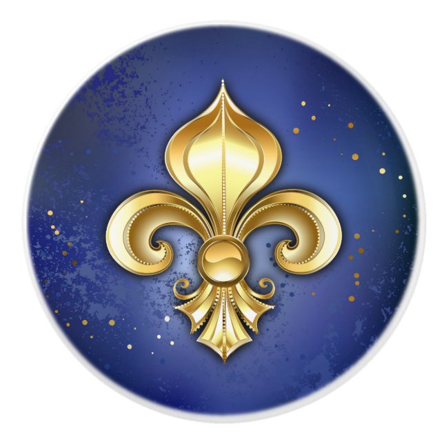 Gold Fleur de Lis on Blue Ceramic Knob (Front)