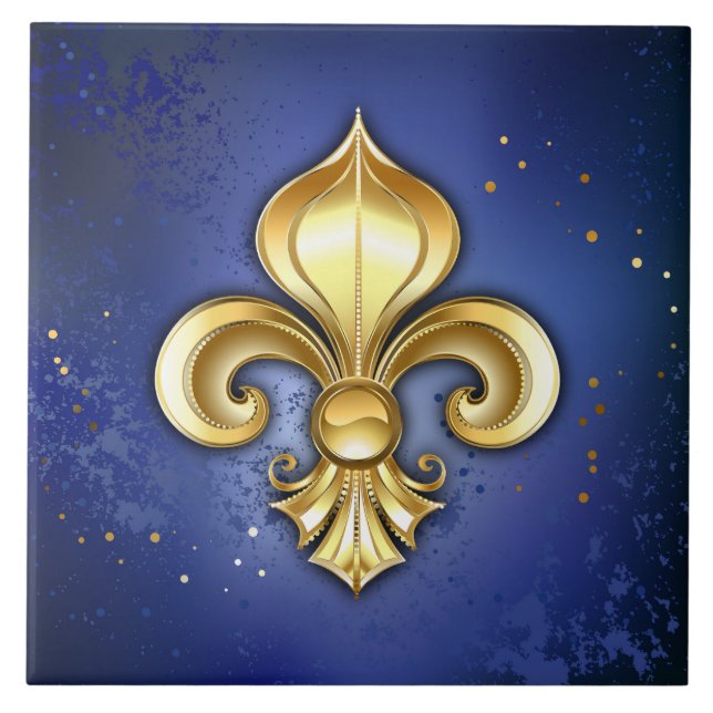 Gold Fleur de Lis on Blue Ceramic Tile (Front)