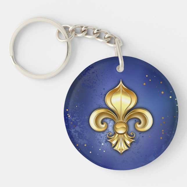 Gold Fleur de Lis on Blue Key Ring (Front)